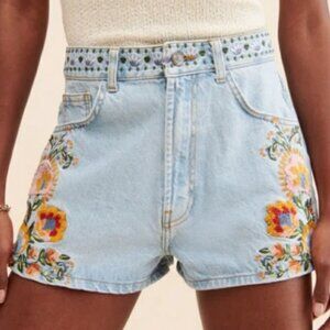 Farm Rio Summer Garden Embroidered Denim Shorts High-Waist Light Wash Size 30
